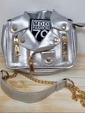 Metallic Silver Moto-Inspired Motorcycle Jacket Crossbody Bag